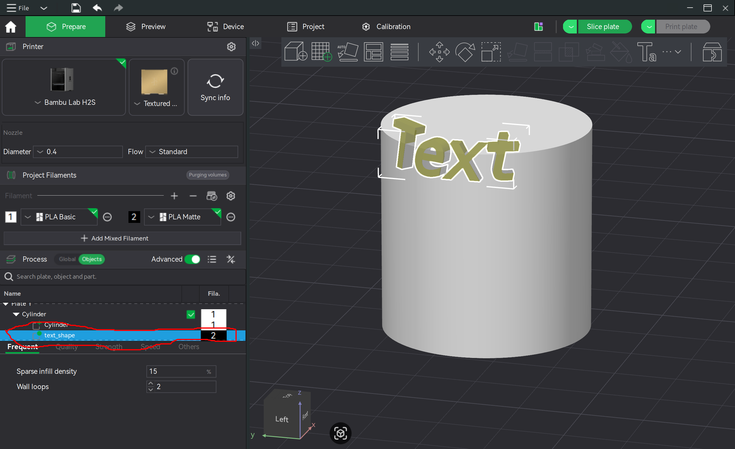 Bambu Studio Prepare screen text on object modifier example